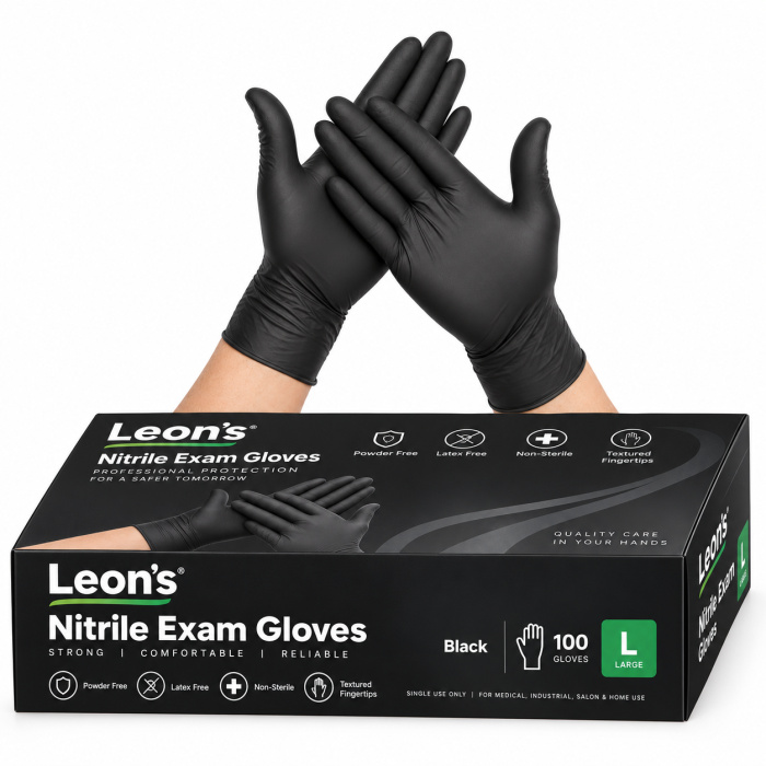 Leon's zwarte nitril handschoenen, maat L, 100 stuks. Poedervrij, latexvrij en geschikt voor professioneel gebruik in kapsalons, barbershops en beauty salons.