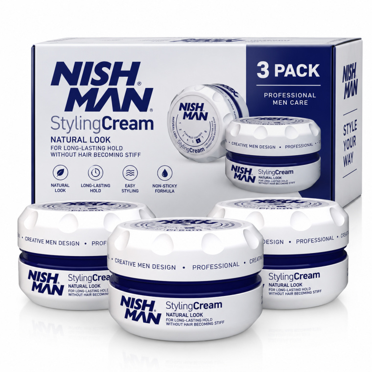 Gebruiksaanwijzing – Nishman Styling Cream Natural Look No.5 Neem een kleine hoeveelheid stylingcrème en wrijf deze gelijkmatig tussen de handpalmen. Breng het product aan op droog of licht vochtig haar. Verdeel de crème goed door het haar, van de aanzet tot de punten, en modelleer vervolgens met de handen, vingers of een kam tot het gewenste kapsel is bereikt. Gebruik voor een natuurlijk resultaat eerst een kleine hoeveelheid. Indien meer controle of fixatie gewenst is, kan geleidelijk extra product worden aangebracht. Geschikt voor dagelijks gebruik en voor verschillende haarstijlen. De crème helpt het haar in model te houden zonder het hard of stijf te maken. Voorzorgsmaatregelen Alleen voor uitwendig gebruik. Vermijd contact met de ogen. Bij contact met de ogen onmiddellijk grondig met water uitspoelen. Niet gebruiken op een geïrriteerde of beschadigde hoofdhuid. Buiten het bereik van kinderen bewaren. Bewaren op een koele, droge plaats en beschermen tegen direct zonlicht. Waarschuwing Stop het gebruik bij irritatie of een ongewenste huidreactie. Niet inslikken. Sluit de verpakking goed na gebruik.