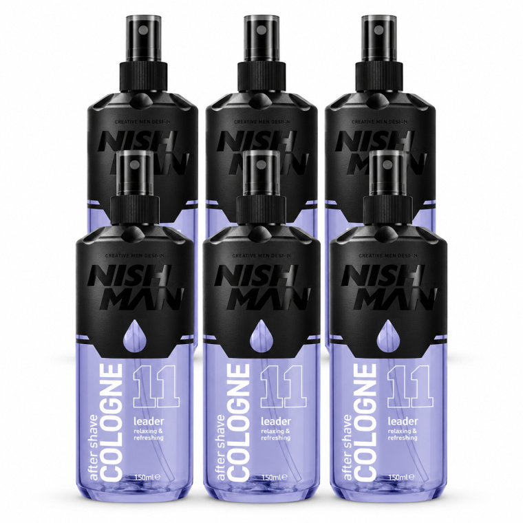 Professionele Gebruiksaanwijzing Nish Man After Shave Cologne No.11 Leader is een frisse aftershave cologne voor gebruik na het scheren. Ideaal voor barbershops, kapsalons en dagelijks thuisgebruik. De cologne geeft de huid een fris en verzorgd gevoel en laat een aangename, mannelijke geur achter. Gebruik na het scheren Spoel het gezicht en de hals na het scheren zorgvuldig met koud of lauwwarm water. Verwijder alle resten van scheerschuim of scheergel. Dep de huid voorzichtig droog met een schone handdoek. Spray een kleine hoeveelheid Nish Man After Shave Cologne No.11 Leader op de handen of rechtstreeks op de gewenste zones vanaf een korte afstand. Verdeel de cologne zachtjes over de geschoren huid van gezicht en hals. Laat het product vanzelf opdrogen. Afspoelen is niet nodig. Voor professioneel gebruik in de barbershop Gebruik de cologne als laatste stap van een professionele scheerbehandeling. Een kleine hoeveelheid is voldoende voor een frisse en verzorgde finishing touch. Vermijd overmatig gebruik, vooral bij een gevoelige of pas geschoren huid. Resultaat Na gebruik voelt de huid fris en verzorgd aan. De cologne geeft de scheerbehandeling een professionele finishing touch en laat een moderne, mannelijke geur achter. Voorzorgsmaatregelen Alleen voor uitwendig gebruik. Vermijd contact met de ogen en slijmvliezen. Niet gebruiken op open wondjes, sterk geïrriteerde of beschadigde huid. Bij contact met de ogen onmiddellijk grondig uitspoelen met water. Buiten bereik van kinderen bewaren. Bewaren op een koele, droge plaats, uit direct zonlicht. Niet gebruiken in de buurt van open vuur of andere ontstekingsbronnen. Inhoud: 6 x 150 ml