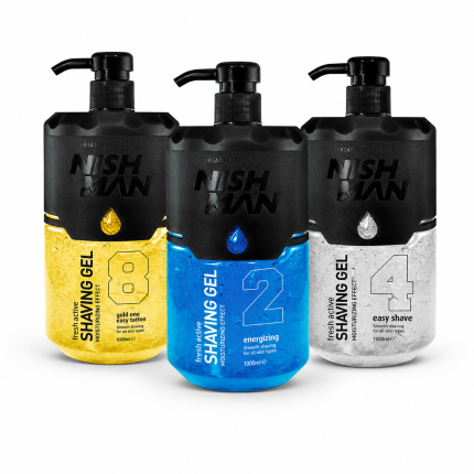 Nishman Fresh Active Shaving Gel 3-Pack – No.2 Energizing, No.4 Easy Shave & No.8 Gold One – 3 x 1000 ml