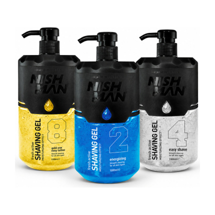 Nishman Fresh Active Shaving Gel 3-Pack – No.2 Energizing, No.4 Easy Shave & No.8 Gold One – 3 x 1000 ml
