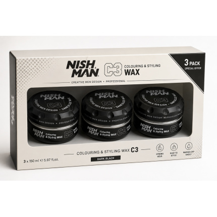 Nishman C3 Colouring & Styling Wax Dark Black 150 ml – 3 Stuks – Stylingwax met Tijdelijk Zwart Kleureffect
