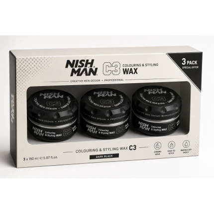 Nishman C3 Colouring & Styling Wax Dark Black 150 ml – 3 Stuks – Stylingwax met Tijdelijk Zwart Kleureffect