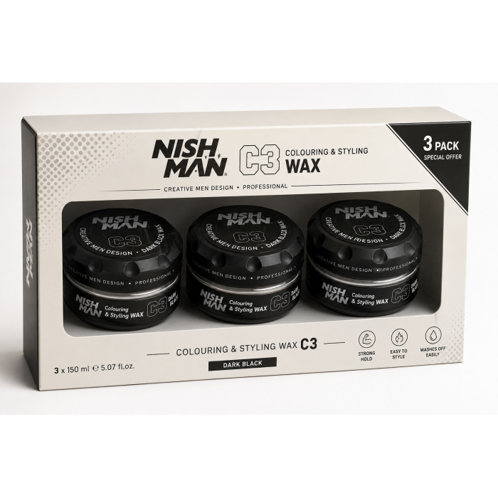 Nishman C3 Colouring & Styling Wax Dark Black 3 x 150 ml geeft het haar een tijdelijk donkerzwart kleureffect, definitie en sterke styling. Ontdek deze 3-pack bij flaka.be.