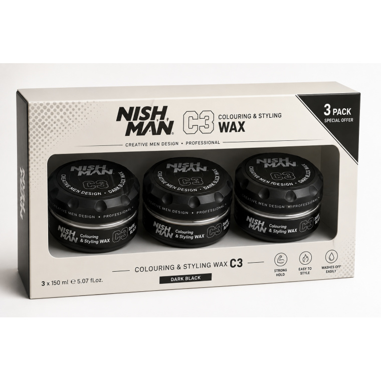 Nishman C3 Colouring & Styling Wax Dark Black 3 x 150 ml geeft het haar een tijdelijk donkerzwart kleureffect, definitie en sterke styling. Ontdek deze 3-pack bij flaka.be.