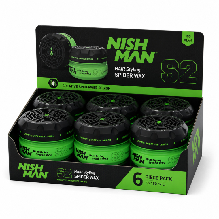 Ontdek Nishman S2 Spider Wax 150 ml – 6 stuks, een professionele stylingwax met een unieke spider-textuur voor sterke controle, duidelijke definitie en flexibele styling. Ideaal voor barbershops, kapsalons en thuisgebruik. Geschikt voor korte en middellange kapsels, textured looks, quiff, spikes en moderne barber-stijlen. Bestel de Nishman S2 Spider Wax 6-pack eenvoudig via flaka.be.