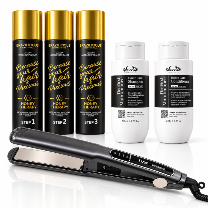 Ontdek bij Flaka.be de complete Brazilicious Honey Therapy + Sweet Professional The First Maintenance + Lizze Extreme Set voor een professionele haarbehandeling van begin tot eind. De set bevat Brazilicious Honey Therapy Step 1 Anti-Residue Shampoo, Step 2 Anti-Frizz Treatment en Step 3 Masque, gecombineerd met Sweet Professional The First Maintenance Shampoo en Conditioner voor de verzorging van het haar na de behandeling. De professionele Lizze Extreme stijltang maakt de set compleet en is ideaal voor het zorgvuldig afwerken van keratine- en smoothingbehandelingen. Een complete oplossing voor salons, professionele haarstylisten en keratinespecialisten die behandeling, professionele afwerking en thuisonderhoud in één pakket zoeken. Verkrijgbaar via Flaka.be.