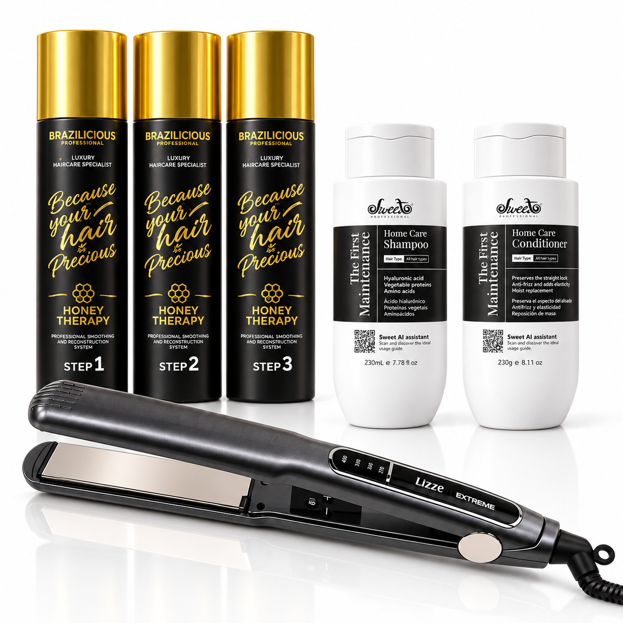 Brazilicious Honey Therapy + Sweet The First Maintenance + Lizze Extreme – Complete Professionele Keratine & Hair Smoothing Set