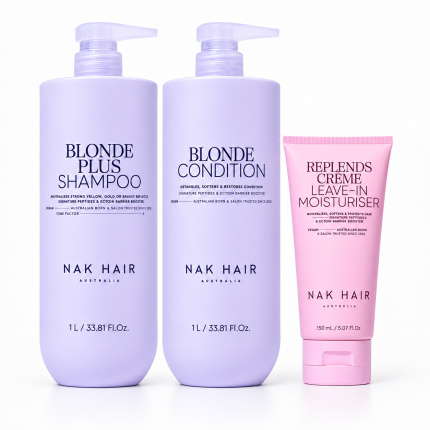 NAK Hair Blonde Plus Jumbo Trio Set 3-Delig – Blonde Plus Shampoo 1L, Blonde Condition 1L & Replends Leave-In 150ml