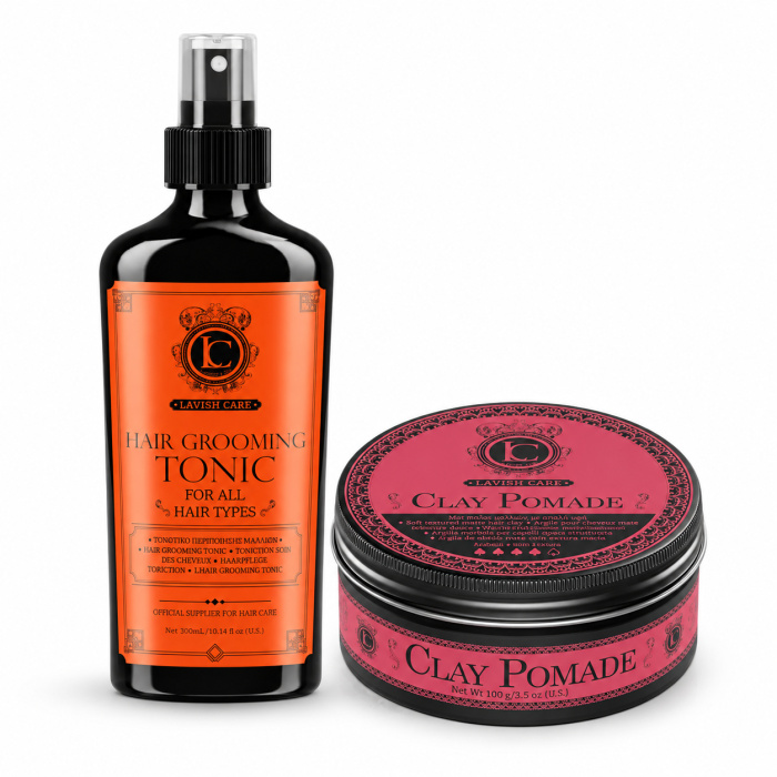Lavish Care Duo Pack – Hair Grooming Tonic 300 ml + Clay Pomade 100 g Deze Lavish Care Duo Pack is ideaal voor mannen die verzorging willen combineren met textuur en stevige styling. De Hair Grooming Tonic bereidt het haar voor, terwijl de Clay Pomade 100 g structuur, definitie en controle geeft. Belangrijkste voordelen - Verzorging en styling in één set - Helpt het haar beter handelbaar te maken - Geeft textuur en vorm - Geschikt voor korte en middellange kapsels - Ideaal voor moderne barberlooks - Geschikt voor salon en thuis Gebruiksaanwijzing Breng Hair Grooming Tonic aan op droog of licht vochtig haar en verdeel gelijkmatig. Föhn het haar eventueel in de gewenste richting. Neem daarna een kleine hoeveelheid Clay Pomade, warm deze op tussen de handpalmen en verdeel door het haar. Gebruik de vingers voor textuur of een kam voor meer structuur. Productinformatie Merk: Lavish Care Hair Grooming Tonic: 300 ml Clay Pomade: 100 g Styling: Textuur & controle Gebruik: Professioneel & thuis