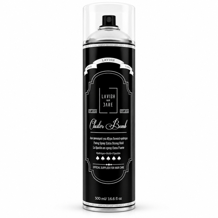 Lavish Hair Care Cluster Bomb Fixing Spray – Extra Strong Hold 500 ml De Lavish Hair Care Cluster Bomb Fixing Spray is een professionele haarspray met extra sterke fixatie, ontwikkeld om het kapsel langdurig in model te houden zonder voortdurend bij te werken. De spray is ideaal als finishing product voor barbers, kappers en thuisgebruik. Op de verpakking staat Extra Strong Hold en de hold-indicatie toont de maximale sterkte. De inhoud is 500 ml / 16.6 fl oz. Productomschrijving De Cluster Bomb Fixing Spray helpt het kapsel stevig te fixeren en is vooral geschikt voor looks die gedurende de dag goed op hun plaats moeten blijven. De fijne sprayverdeling maakt het mogelijk om het product gelijkmatig over het haar te verdelen. Ideaal na het föhnen of stylen met wax, pomade, clay of andere stylingproducten. Belangrijkste voordelen - Extra sterke fixatie - Professionele finishing spray - Helpt het kapsel langdurig in model te houden - Ideaal voor barbers en kappers - Geschikt voor korte, middellange en gestylede kapsels - Perfect als laatste stap na föhnen of styling - Grote professionele verpakking van 500 ml - Geschikt voor salon én thuisgebruik Gebruiksaanwijzing Zorg dat het haar volledig gestyled is voordat je de spray aanbrengt. Houd de bus ongeveer 20 tot 30 cm van het haar en spray gelijkmatig over het kapsel. Voor plaatselijke extra fixatie kun je kort iets dichter op specifieke zones sprayen, maar vermijd overmatig productgebruik. Laat de spray enkele seconden drogen en raak het haar daarna zo weinig mogelijk aan voor de beste fixatie. Professionele barbertip Gebruik wax, pomade of clay eerst om vorm en textuur te creëren. Gebruik de Cluster Bomb Fixing Spray pas als laatste stap om het volledige kapsel vast te zetten. Bij pompadours, quiffs, slick backs of strakke barberlooks kun je de spray laag voor laag gebruiken tijdens het stylen voor extra controle. Ideaal voor Slick back, pompadour, quiff, side part, fades met gestylede top, volumineuze looks, feestkapsels en alle kapsels waarbij een stevige finishing nodig is. Productinformatie Merk: Lavish Hair Care Productnaam: Cluster Bomb Producttype: Fixing Spray / Haarspray Hold: Extra Strong Hold Inhoud: 500 ml / 16.6 fl oz Gebruik: Finishing / fixatie Doelgroep: Professioneel en thuisgebruik Geschikt voor: Verschillende haartypes Verpakking: Aerosol Voorzorgsmaatregelen Omdat dit een aerosolproduct is, niet gebruiken in de buurt van open vuur, vonken of sterke warmtebronnen. Niet roken tijdens gebruik. Niet in de ogen of rechtstreeks in het gezicht sprayen. Gebruik in een goed geventileerde ruimte en vermijd het inademen van de nevel. Houder niet doorboren of verbranden, ook niet na gebruik. Buiten bereik van kinderen bewaren. Korte productomschrijving Lavish Hair Care Cluster Bomb Fixing Spray 500 ml is een professionele haarspray met extra sterke hold. Ideaal als laatste stap voor een langdurig gefixeerd en strak gestyled kapsel.