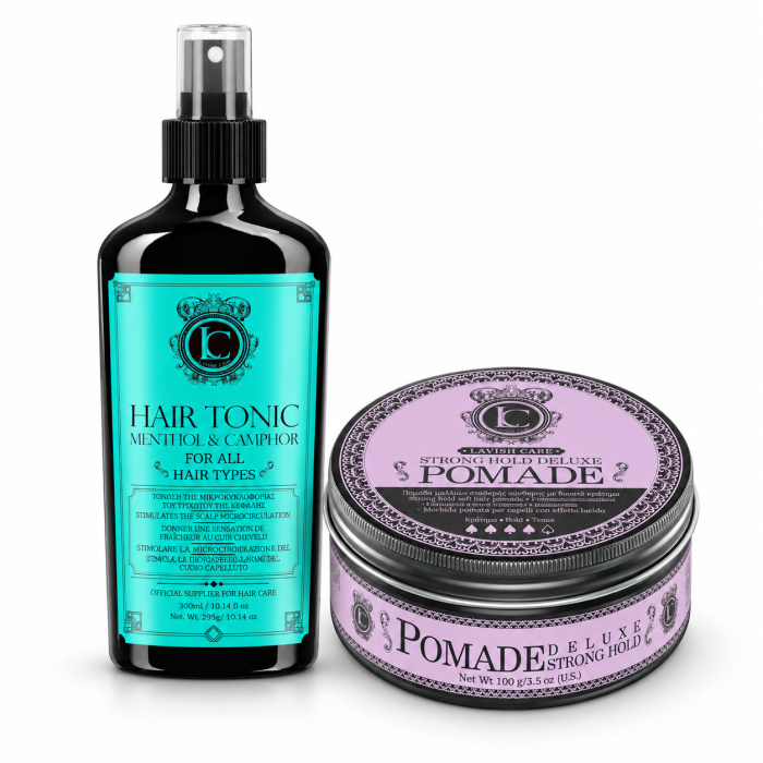 Lavish Care Hair Tonic Menthol & Camphor + Strong Hold Deluxe Pomade – Complete Barber Duo De combinatie van Lavish Care Hair Tonic Menthol & Camphor 300 ml en Lavish Care Strong Hold Deluxe Pomade 100 g is ontwikkeld voor een complete barberroutine: eerst frisheid en voorbereiding, daarna sterke controle en styling. De Hair Tonic helpt het haar en de hoofdhuid fris aan te laten voelen en maakt het haar beter handelbaar. De Strong Hold Deluxe Pomade zorgt vervolgens voor stevige fixatie, definitie en een verzorgde finish. Belangrijkste voordelen - Complete barberroutine in 2 stappen - Verfrist haar en hoofdhuid - Menthol & camphor geven een frisse sensatie - Helpt het haar beter handelbaar te maken - Sterke hold met de pomade - Geeft definitie en controle - Ideaal voor klassieke en moderne barberlooks - Geschikt voor professioneel en thuisgebruik - Perfect voor dagelijks stylen Gebruiksaanwijzing Breng eerst een kleine hoeveelheid Lavish Care Hair Tonic Menthol & Camphor aan op droog of licht vochtig haar. Verdeel het product gelijkmatig en masseer indien gewenst licht in de hoofdhuid. Kam het haar door en föhn het indien gewenst in model. Neem daarna een kleine hoeveelheid Strong Hold Deluxe Pomade en wrijf deze goed warm tussen de handpalmen. Breng de pomade gelijkmatig aan op het haar en style met de vingers of een kam. Voor extra hold kun je in meerdere dunne lagen werken. Professionele barbertip Gebruik de tonic vóór het föhnen voor extra frisheid en controle. Breng de pomade pas daarna aan om het kapsel stevig te fixeren en netjes af te werken. Ideaal voor: - slick back - side part - pompadour - quiff - klassieke barbercuts - strakke contourstyling Productinformatie Merk: Lavish Care Set: Hair Tonic Menthol & Camphor + Strong Hold Deluxe Pomade Hair Tonic: 300 ml Pomade: 100 g Doelgroep: Heren Gebruik: Professioneel en thuis Producttype: Barber verzorging + styling set Hold pomade: Strong Hold Finish: Verzorgd en gedefinieerd Lavish Care bij Flaka.be