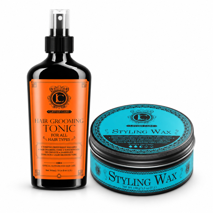 Lavish Care Duo Pack – Hair Grooming Tonic 300 ml + Styling Wax 100 g De combinatie van Hair Grooming Tonic en Styling Wax biedt een complete routine voor verzorgd en gecontroleerd haar. De tonic bereidt het haar voor op styling, terwijl de wax helpt om het kapsel vorm, definitie en controle te geven. Belangrijkste voordelen - Complete dagelijkse stylingroutine - Helpt het haar beter handelbaar te maken - Geeft controle en definitie - Geschikt voor verschillende kapsels - Ideaal voor klassieke en moderne barberlooks - Professioneel en thuisgebruik Gebruiksaanwijzing Spray eerst een kleine hoeveelheid Hair Grooming Tonic op droog of licht vochtig haar. Verdeel en kam goed door. Neem daarna een kleine hoeveelheid Styling Wax 100 g, wrijf het product tussen de handpalmen en breng het gelijkmatig aan. Style met vingers of kam. Gebruik extra product alleen waar meer hold nodig is. Productinformatie Merk: Lavish Care Hair Grooming Tonic: 300 ml Styling Wax: 100 g Producttype: Verzorging + styling Gebruik: Professioneel & thuis